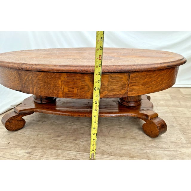 Brown Antique Oval Coffee Table, Tiger Oak, Drawer, Shelf, Petite Size, Empire Style For Sale - Image 8 of 11