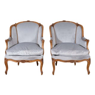 Pair of Louis XV-Style Beech Gondola Armchairs in Gray Velvet, 20th Century For Sale