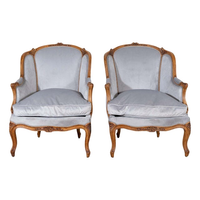 Pair of Louis XV-Style Beech Gondola Armchairs in Gray Velvet, 20th Century For Sale