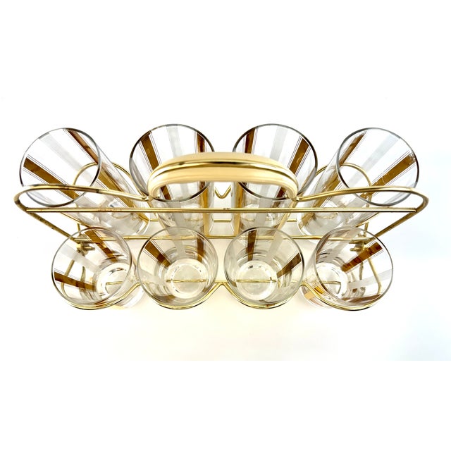 Gold 1960s Mid-Century Modern Gold & Frosted Stripe Cocktail Glass Barware Caddy, Set of 8 For Sale - Image 8 of 9