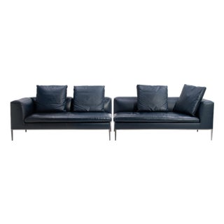 Antonio Citterio B&b Italia Michel Club Blue Leather Two Piece Modular Sofa 2016 For Sale