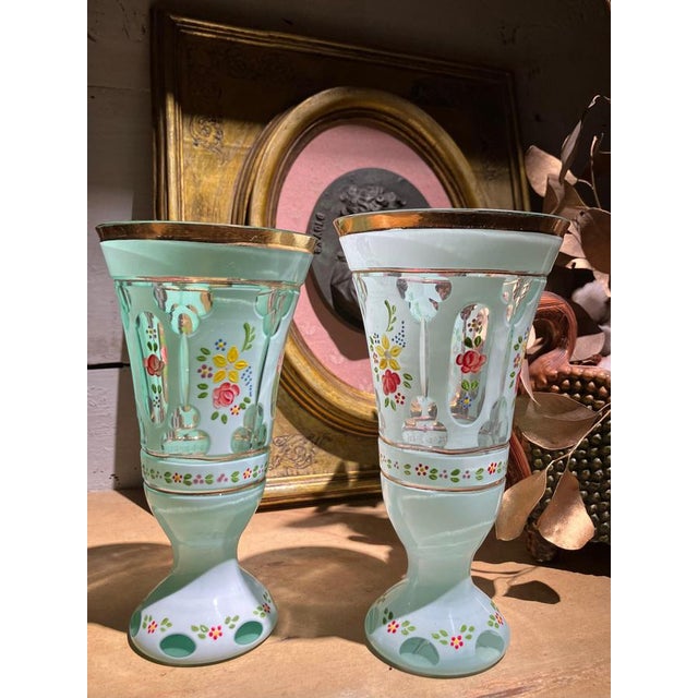 Boho Chic Antique Bohemian Blue Opaline Glass Goblets with Gilt Rims and Florals, Set of 2 For Sale - Image 3 of 8