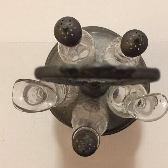 Antique Metal and Glass Cruet Salt Pepper Oil Vinegar Pieces and Holder