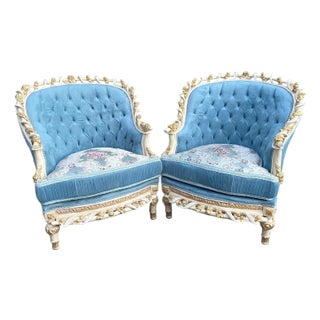 1980s French Louis XVI Turquoise Velvet Bergères - 2 Piece For Sale