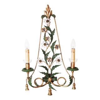 Gilt Wall Lamp with Crystal Flowers and Tassels, 1960 For Sale