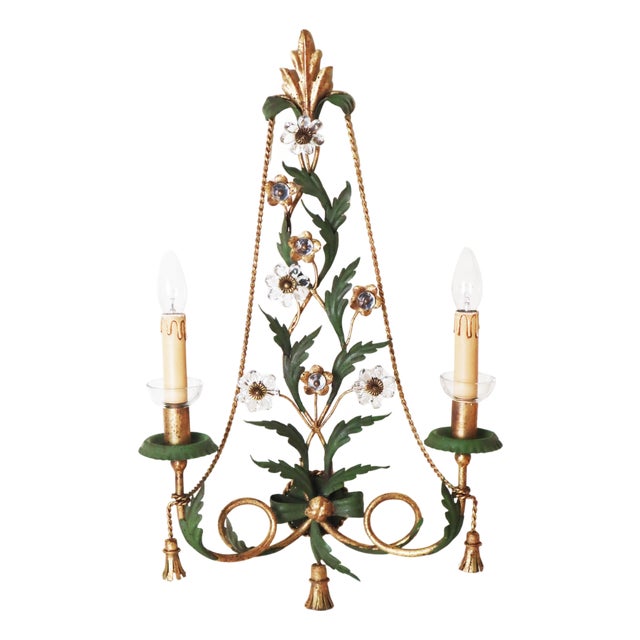 Gilt Wall Lamp with Crystal Flowers and Tassels, 1960 For Sale