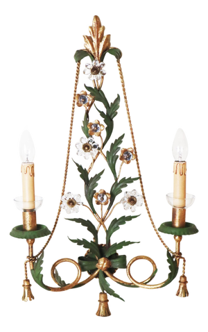 Gilt Wall Lamp with Crystal Flowers and Tassels, 1960