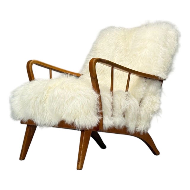 Danish Modern, Beech, Mongolian Fur, Lounge Chair, Denmark, 1950s For Sale
