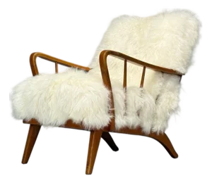 Danish Modern, Beech, Mongolian Fur, Lounge Chair, Denmark, 1950s