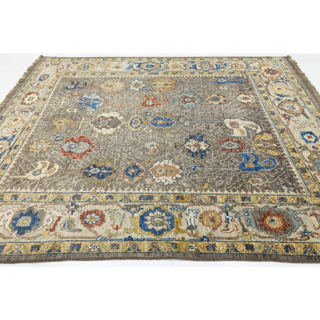 Gray Modern Oushak Style Hand-Knotted Wool Area Rug in Taupe Grey With Vibrant Floral For Sale - Image 8 of 12