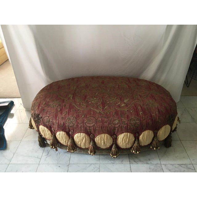 Art Nouveau Palatial Distressed Gold Bullion Burgundy Oval Ottoman For Sale - Image 3 of 11