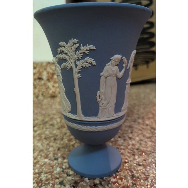 Mid-Century Modern Vintage Wedgewood Pottery Stoneware Blue Jasperware Footed Vase For Sale - Image 3 of 7