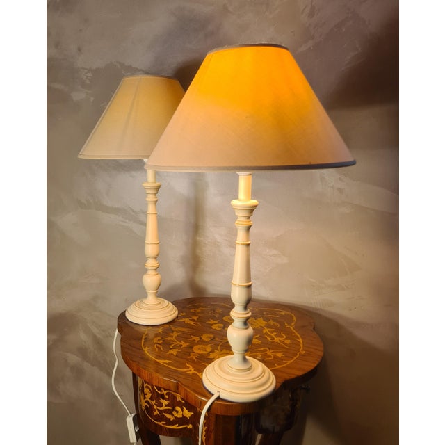Beige Cream Turned Wood Bedside Lamps, 1990s, Set of 2 For Sale - Image 8 of 8