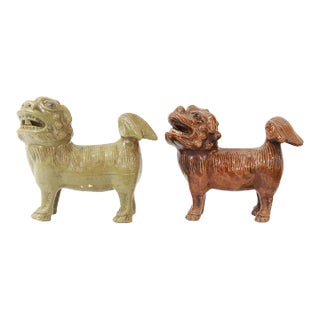 Pair of Vintage Chinese Ceramic Foo Lion Guardian Sculptures With Incense Holders For Sale