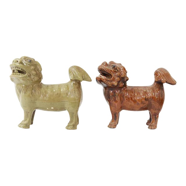 Pair of Vintage Chinese Ceramic Foo Lion Guardian Sculptures With Incense Holders For Sale