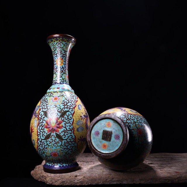 Monumental Pair of Chinese Cloisonné "Dragon" Vases With Qianlong Mark - 18 LBS For Sale - Image 4 of 9