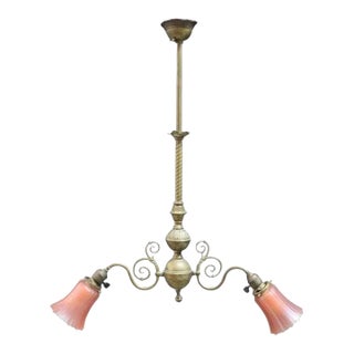 Art Nouveau Brass 2 Arm Chandelier With Fluted Dark Amber Glass Shades C1910 For Sale