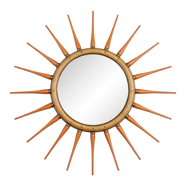 Mid-Century Modern Style Wood Sunburst Wall Mirror With Orange Spindle Rays (24.5” Diameter) For Sale