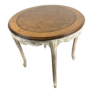 1960s Meyer Gunther Martini Country French Round End Table With Burlwood Center For Sale