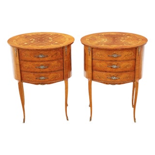 Vintage French MarquetryOval Bedside Tables, 1950s, Set of 2 For Sale