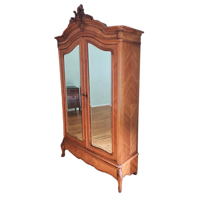 Antique French Louis XV Style Carved Walnut Double Mirror Door Armoire Wardrobe For Sale - Image 4 of 18