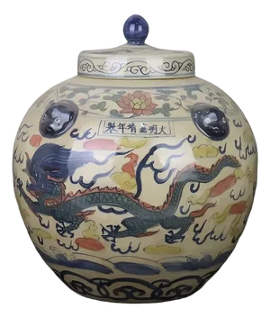 Chinese Vintage Ceramic Pot,Ming Dynasty Jiajing Marked Blue and White Doucai Porcelain Lid Jar Hand Painted Double Dragons Pattern