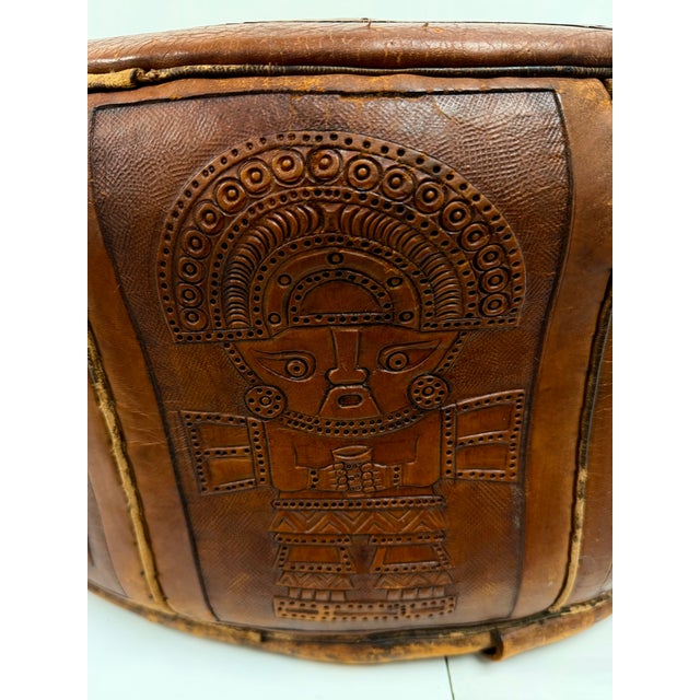 Vintage Peruvian Hand-Tooled Leather Ottoman For Sale - Image 12 of 17