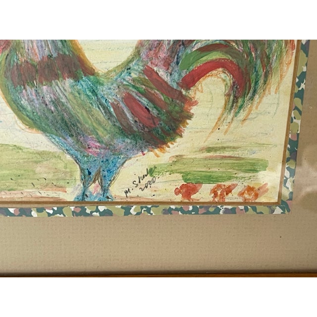 Folk Art Style Small Rooster With Chickens Painting Framed For Sale - Image 4 of 5
