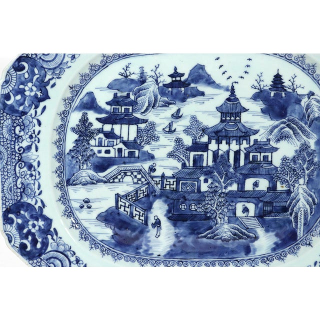 Grand River Landscape: Chinese Export Blue & White Porcelain Large Platter Circa 1775 An impressive and substantial...