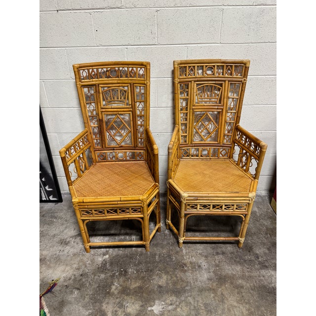 Coastal Vintage Boho Coastal Bamboo Arm Dining Chairs - A Pair For Sale - Image 3 of 12