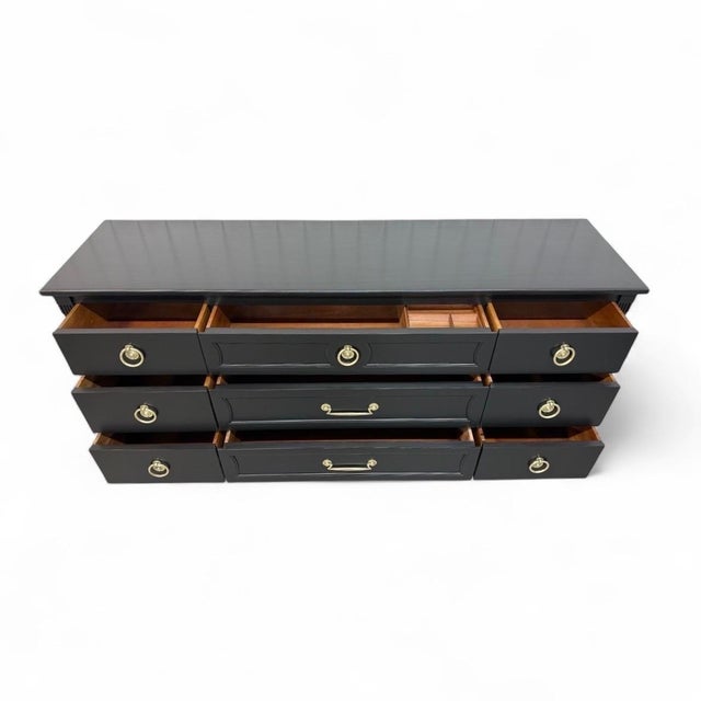 Wood Vintage Henredon Italian Style Black 9-Drawer Dresser For Sale - Image 7 of 11