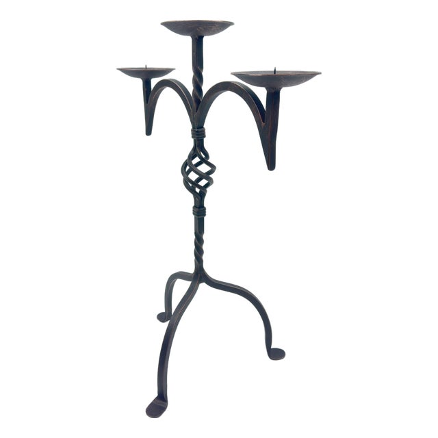 Hand Forged Iron Candelabra 23″ (58cm) Antique Copper Electrostatic Finish Wide Tabletop Centerpiece Decor For Sale
