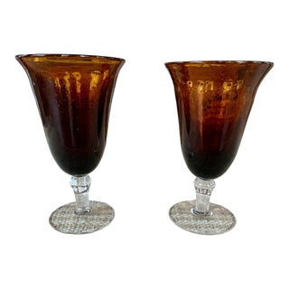 Pair of Vintage Italian Hand Blown Tortoise Amber Hurricane Candle Holders For Sale