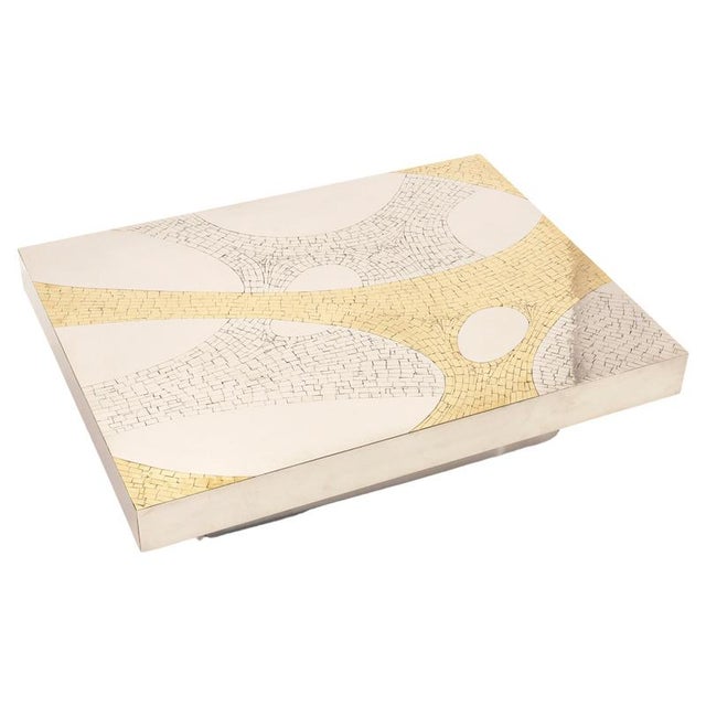 Rectangular Coffee Table in Mosaic Brass & Stainless Steel attributed to Jean Claude Dresse, 1980 For Sale - Image 17 of 17