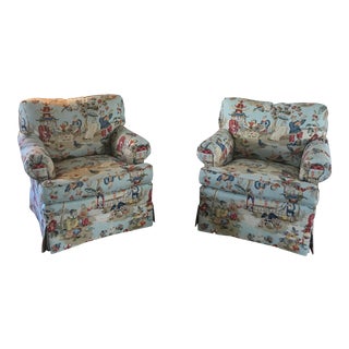 Brunschwig & Fils French Chinoiserie Xian Toile Fabric Covered Club Chairs For Sale