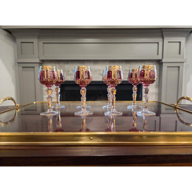 Early 20th Century Moser Bohemian Cut to Clear Paneled Cranberry Red Gold Gilt Stemmed Cordial Glasses - Set of 8 For Sale - Image 17 of 18