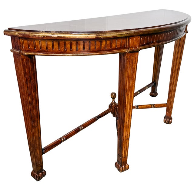 French Vintage Neoclassical Fluted Demilune Console Table With Pineapple Finial Stretcher For Sale - Image 3 of 15