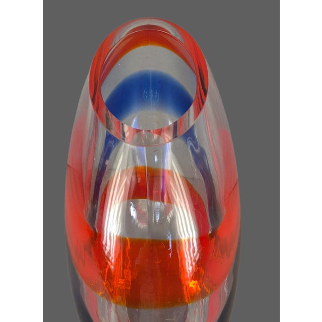 Stunning Italian Hand-Blown Art Glass Oval Shape Red & Blue Horizontal Bands Vase For Sale - Image 4 of 8