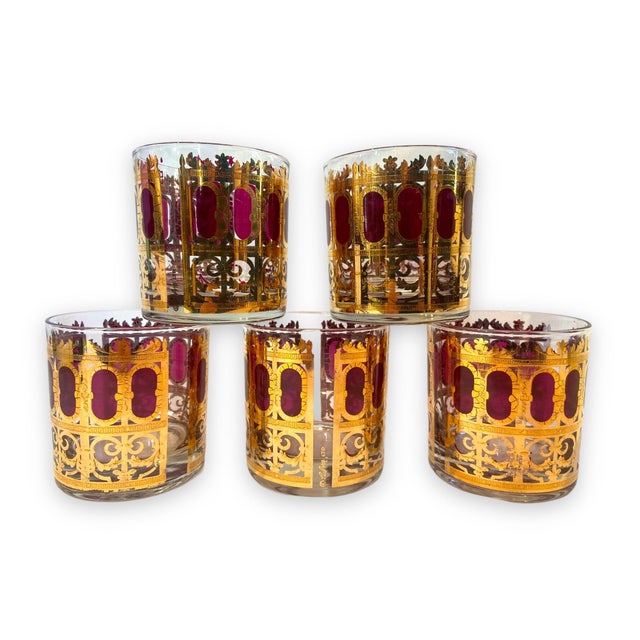 Burgundy Morphew Abode 1960s Culver Burgundy Art Deco & 22k Gold Lowball Cocktail Glasses- Set of 5 For Sale - Image 8 of 11
