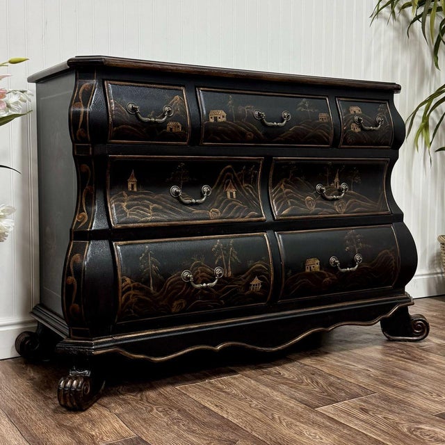 Vintage-Style Chinoiserie Black Bombe Chest | Hand-Painted Accent Dresser For Sale - Image 4 of 12