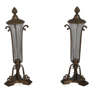 1980s Pair of Brass & Glass Lidded Vase Candle Holder Epergne For Sale