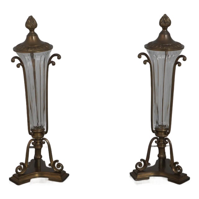 1980s Pair of Brass & Glass Lidded Vase Candle Holder Epergne For Sale