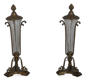 1980s Pair of Brass & Glass Lidded Vase Candle Holder Epergne