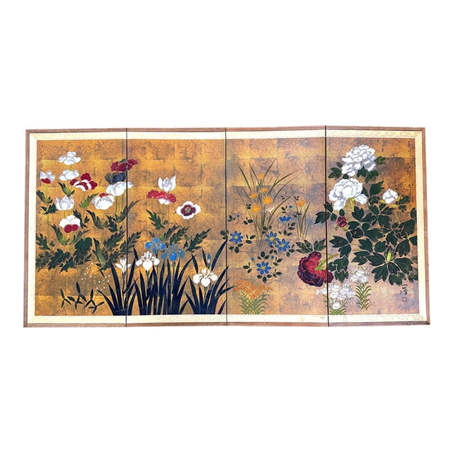 Vintage Hiyakuho Imayasu Japanese Hand-Painted Floral Gold Byobu Screen For Sale