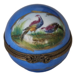 Blue Limoges Porcelain Clock Box with Pheasant Decor, 1970s For Sale