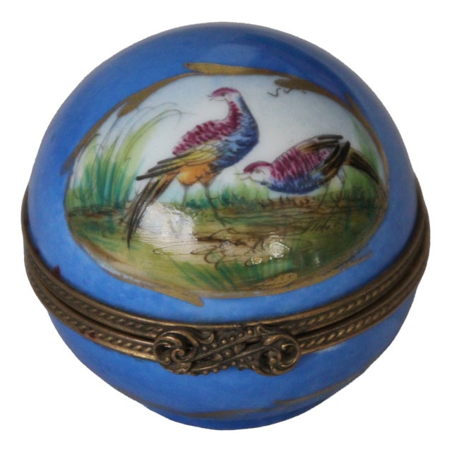 Blue Limoges Porcelain Clock Box with Pheasant Decor, 1970s For Sale