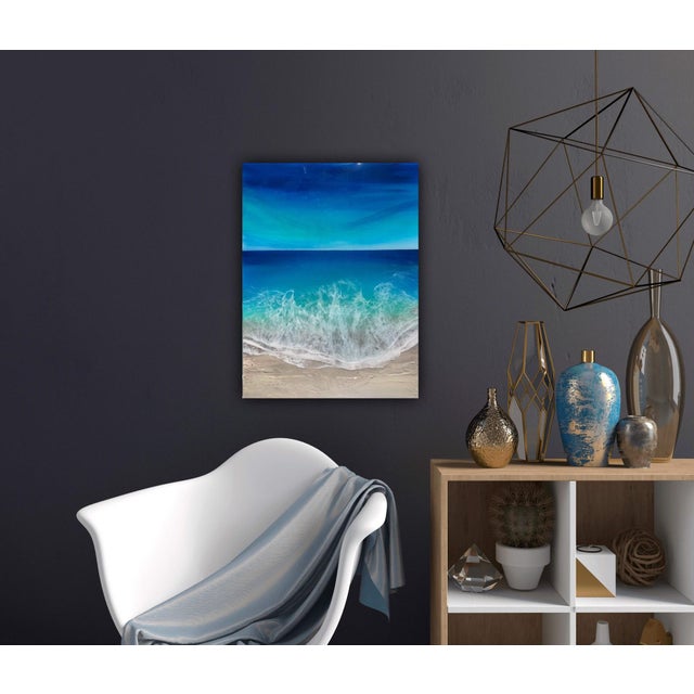 Contemporary Ocean Waves #4 by Ana Hefco | Mixed Media on Wood Ocean waves crashing on a sandy beach. For Sale - Image 3 of 3