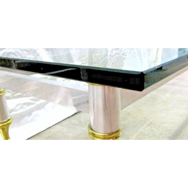 Silver 1960's Maison Jansen 78" Aluminum With Brass Accent Thick Beveled Glass Cocktail Table For Sale - Image 8 of 10