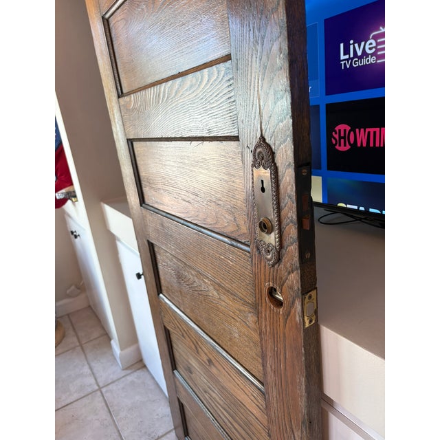 Early 20th Century Antique Solid Oak Five Panel Interior Door Architectural Salvage For Sale - Image 5 of 13