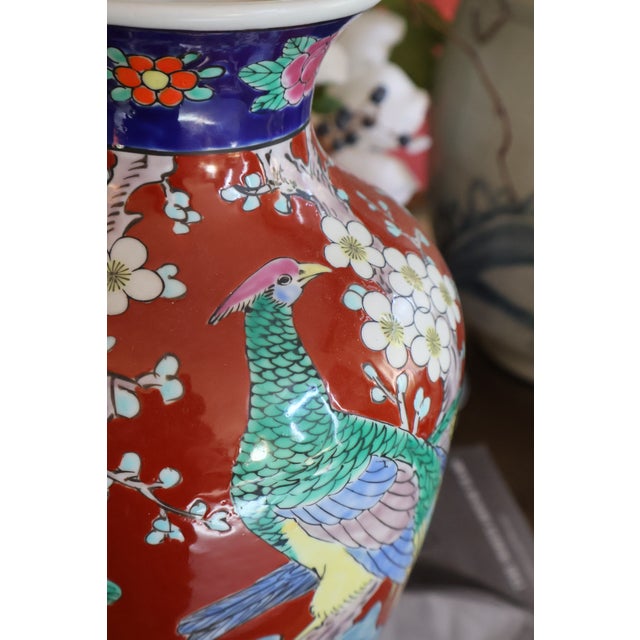 Japanese Red-Ground Bird & Peony Ceramic Vase, 12ʺ For Sale - Image 10 of 18